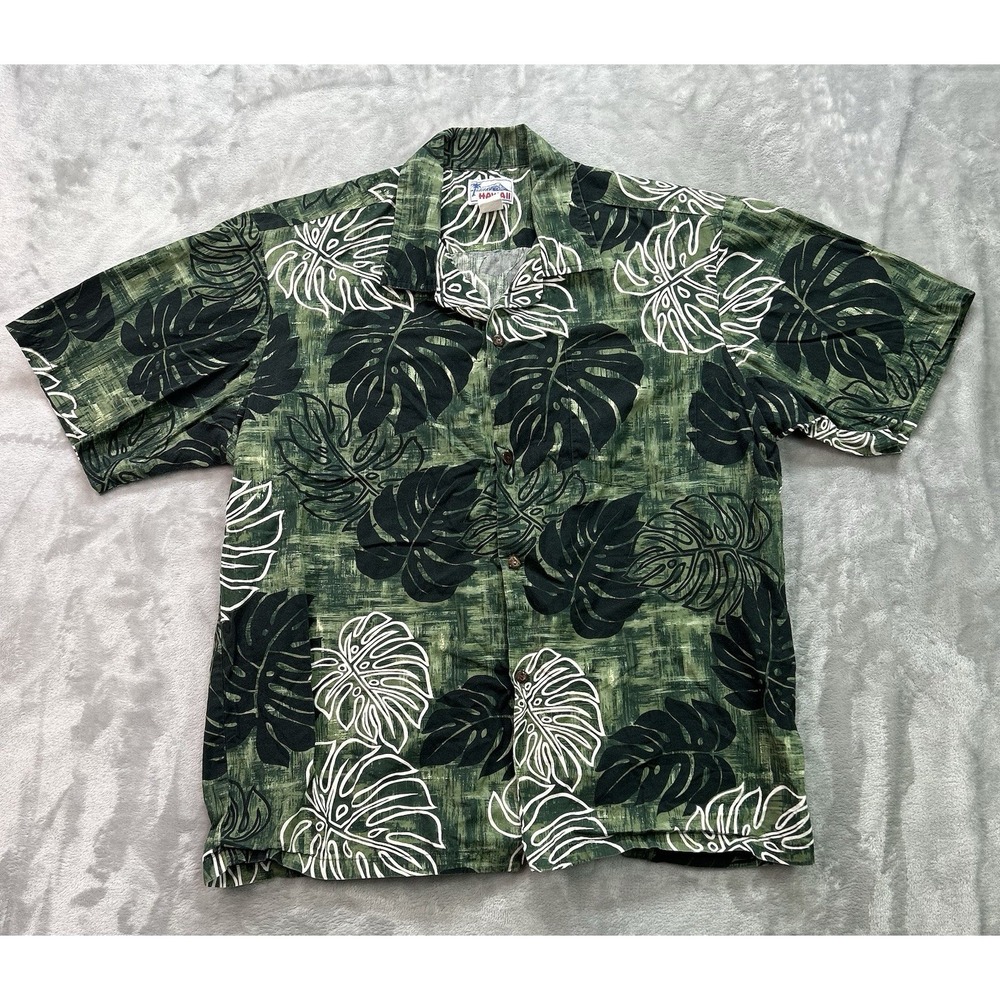 HAWAII Brand Green Monstera Leaf Vintage Hawaiian Shirt L Pastel Textured Style
